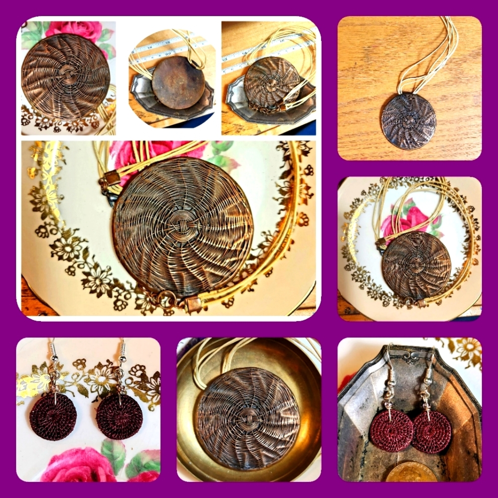 Handcrafted, Woven Earrings And XL, Vintage Copper Necklace